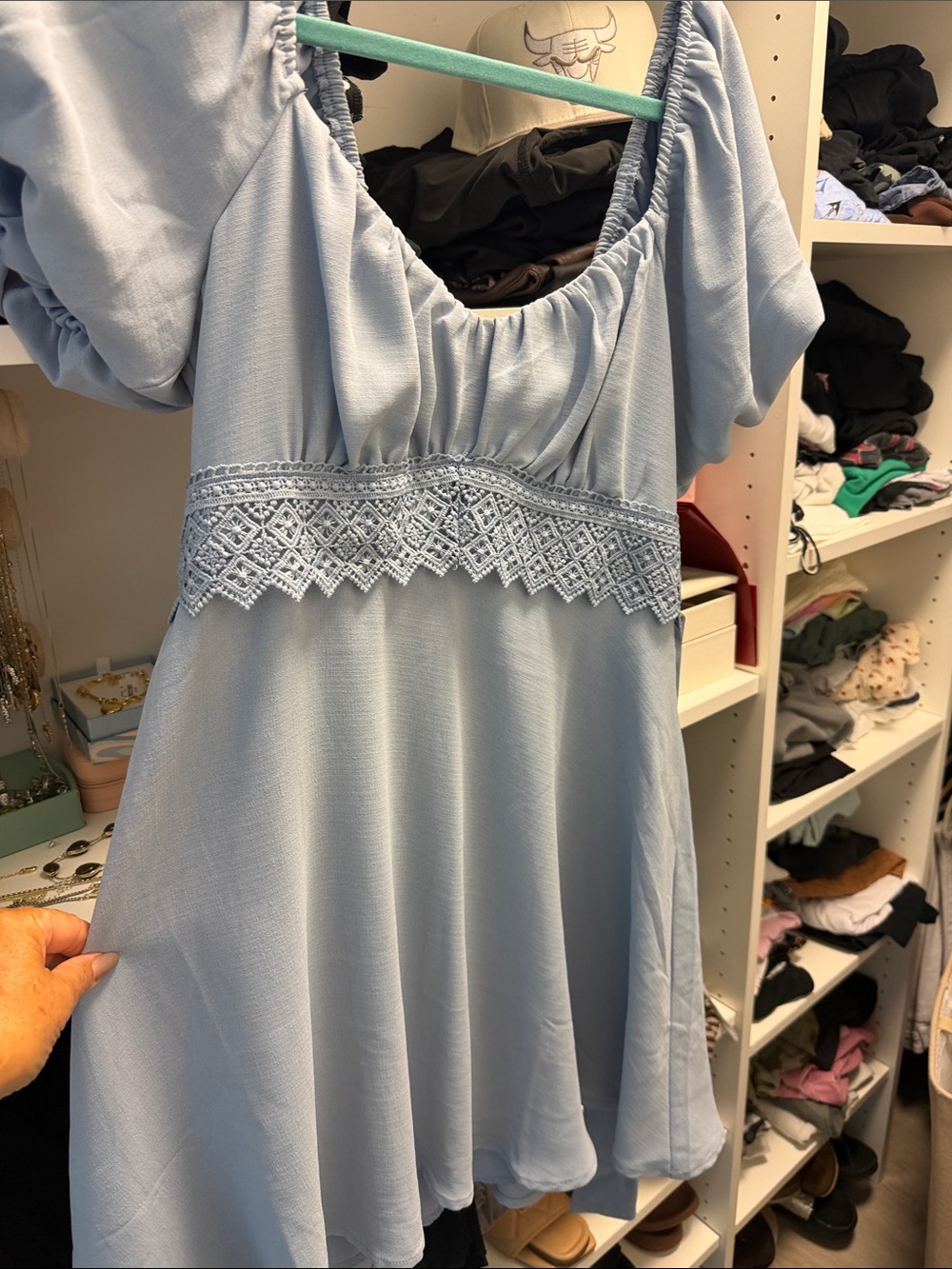 Light Blue Puff Sleeve Mini Dress with Lace Waist
